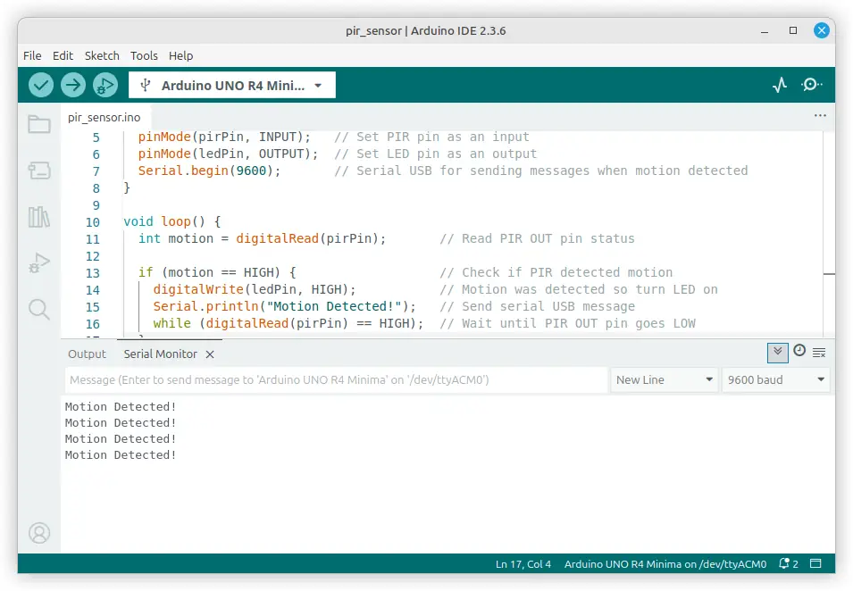 Output from the Arduino PIR sensor sketch in the Arduino IDE serial monitor windows