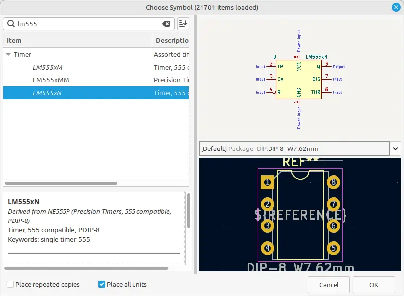 555 timer IC selected in the KiCad Choose Symbol dialog box