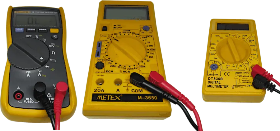 Examples of multimeters set to the diode mode for a transistor test