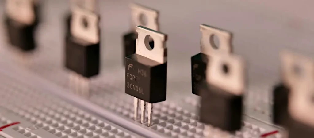 Transistor test: FQP30N06L N-Channel MOSFET transistors in a breadboard
