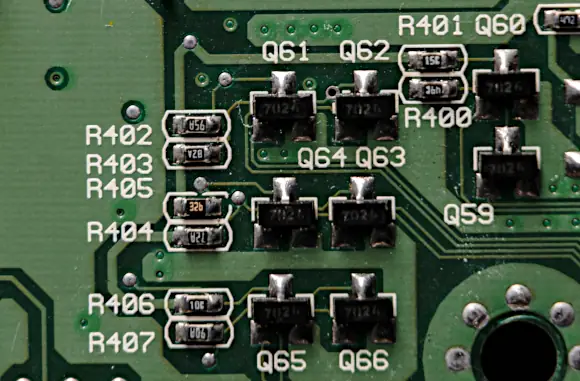 Surface mount resistors and transistors on a circuit board