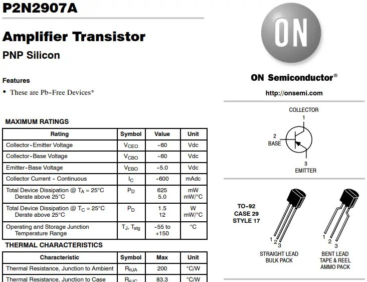 Part of the 2N2907 PNP transistor datasheet