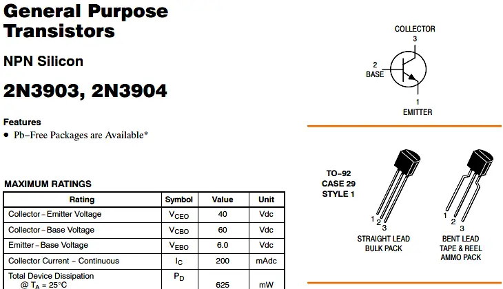 Part of a 2N3904 datasheet for these NPN transistors