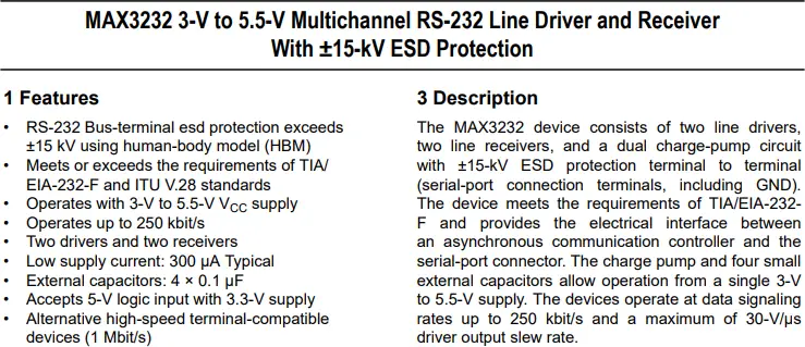 Part of the MAX3232 datasheet showing ESD protection specification