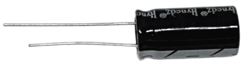 A radial through-hole electrolytic capacitor