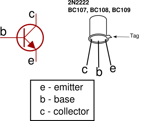 2N2222, BC107, BC108, and BC109 TO-18 package and pinout