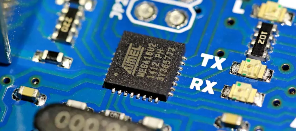 Embedded systems often contain microcontrollers like this 8-bit AVR microcontroller