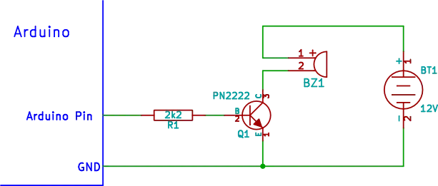 Arduino buzzer circuit using an NPN transistor to switch a buzzer powered from an external battery.
