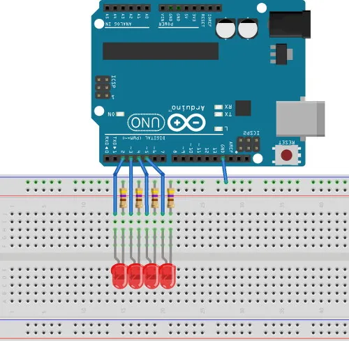 Arduino LED Project Moving Lights Display Breadboard Layout