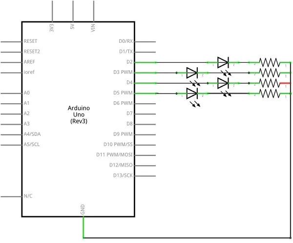 Circuit diagram of the Arduino LED Project: Moving Light Display for Beginners