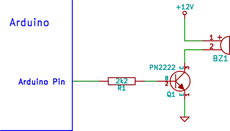 Arduino Uno Buzzer Circuit with NPN Transistor and External Power Supply