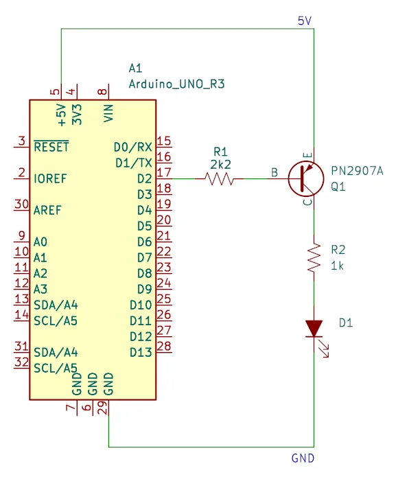 Arduino Uno with PNP type transistor and LED circuit