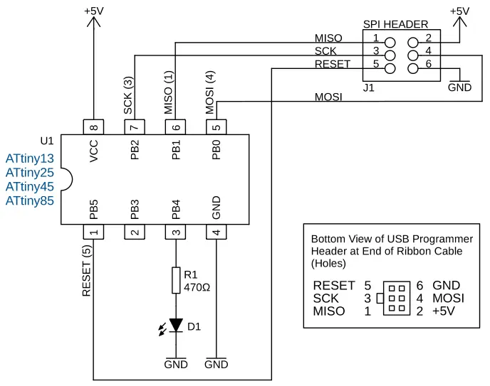 AVR ISP SPI connection to an ATtiny microcontroller circuit