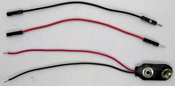 Male to Female Dupont Wires and a 9V Battery Clip for powering the circuit
