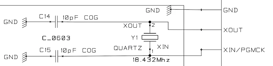 Example of an oscillator crystal in a microcontroller circuit