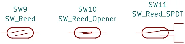 Examples of reed switch schematic symbols. These types of switches are operated by magnets.