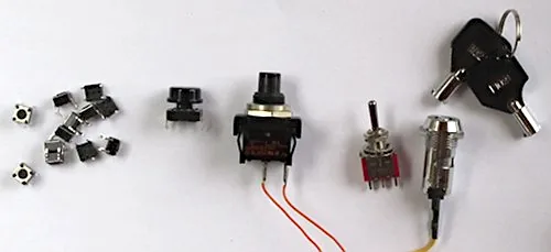 Different types of switches used in electronics: tactile push button switches, on-off push button switch, toggle switch and key switch
